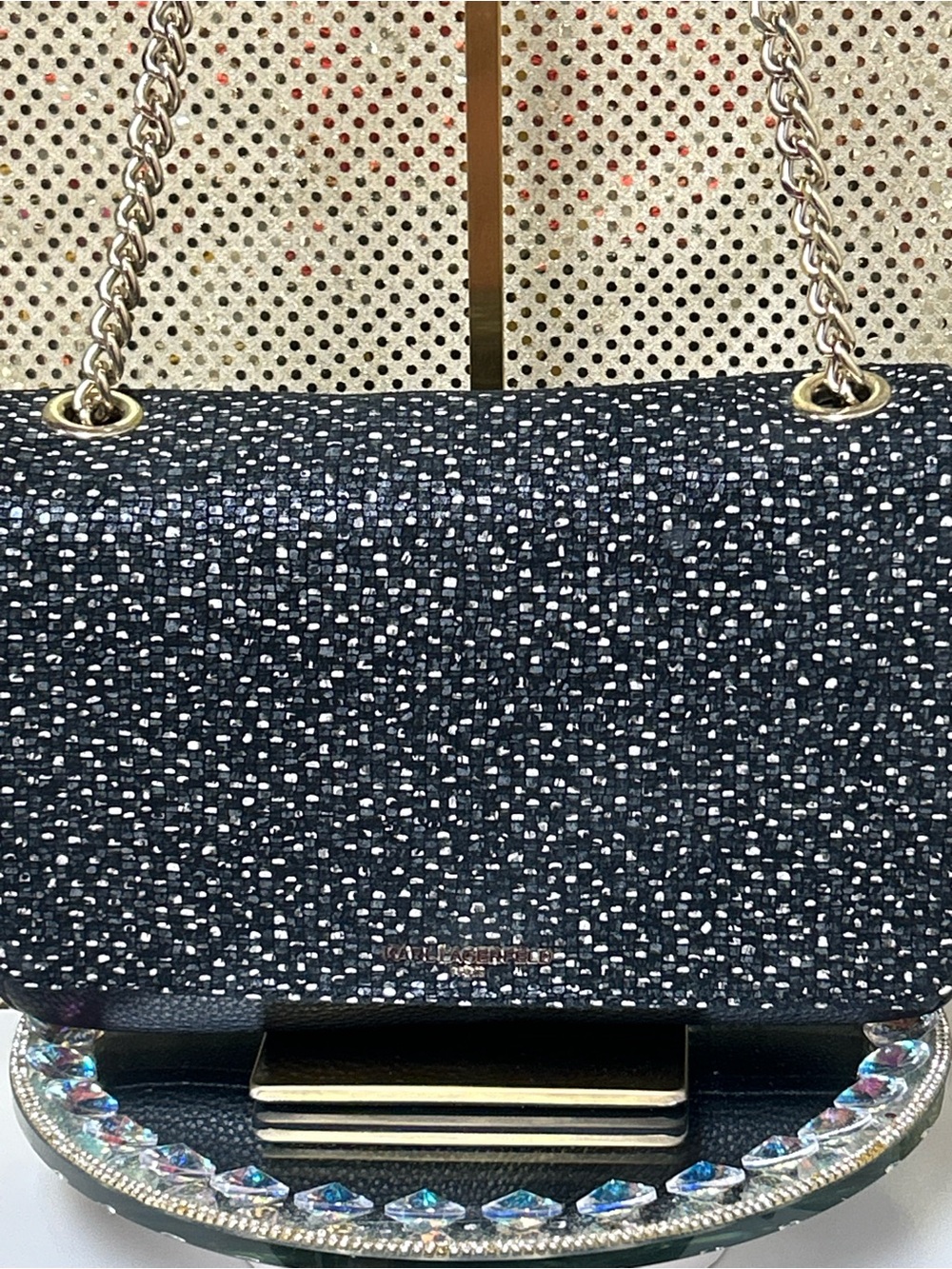 Karl Lagerfeld Chain Strap Black Tweed Shoulder Bag Approx. 13 x 8 x 3